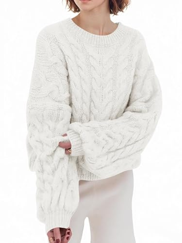 Saodimallsu Jersey para mujer - Cuello redondo - Suéter de punto con mangas largas - Estampado torcido - Color liso - Estilo casual - Para el invierno, Blanco., L