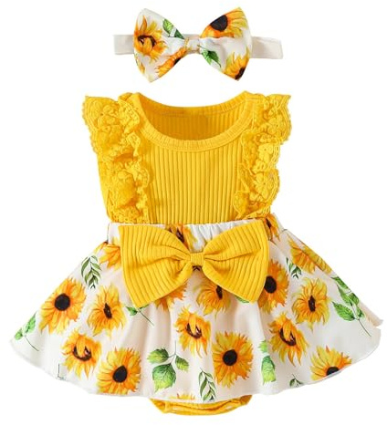 Generisch Vestido de verano para niña, sin mangas, estampado de flores, body recién nacido con diademas para ropa, amarillo, 0-3 meses