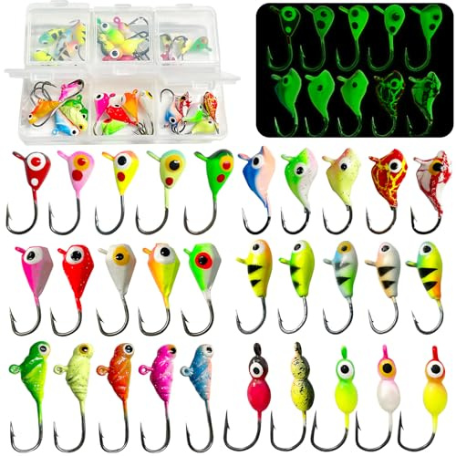 Juego de 30 anzuelos de pesca en hielo, juego de señuelos de pesca en hielo, cucharas de pesca para crappie, pez sol, perca, pez lucio, lucio, jigging de pesca de invierno con caja de almacenamiento