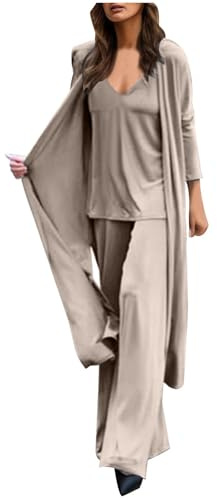 MaNMaNing Completo Donna 3 Pezzi Europeo con Top Scollo V e Gilet e Pantaloni Dritti Cardigan Lungo per Look Elegante Sofisticato