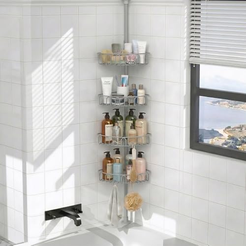 COSYLAND Rustproof Corner Shower Caddy with Tension Pole – 4-Tier Adjustable Bathroom Organizer for Shampoo & Soap Storage, Quick-Install Standing Rack, Fits 22 to 125 Inches(Sliver)