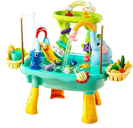 Tavolo da gioco acquatico all'aperto per bambini piccoli, lavello elettrico con acqua corrente, rubinetto con gamba staccabile, gioco di pesca e set di giocattoli sensoriali esterni per ragazzi