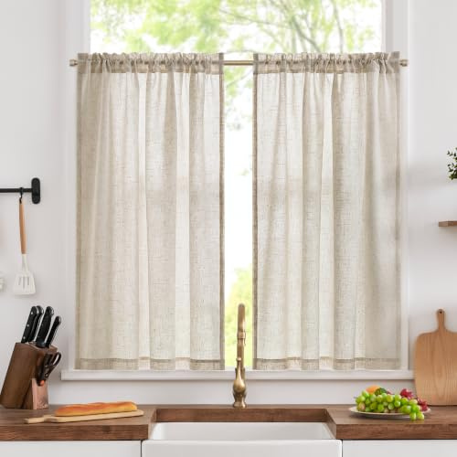 TOPICK Oatmeal Kitchen Curtains, Linen Look Cafe Curtain W36xL45, 2 Panels | 45 Inch Drop, Rod Pocket Light Filtering Privacy Drapes, Half Window Tiers for Bedroom, Living Room, Cupboard Base, Sink
