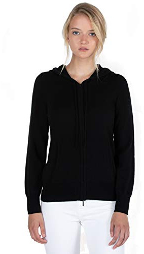 JENNIE LIU Women's 100% Pure Cashmere Long Sleeve Zip Hoodie Cardigan Sweater