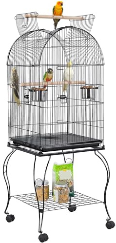 Yaheetech Jaula de Pájaros Jaula con Ruedas Jaula para Loros Canarios Jaula con Perchas para Pájaros 59 x 59 x 150 cm - Metal - Negro