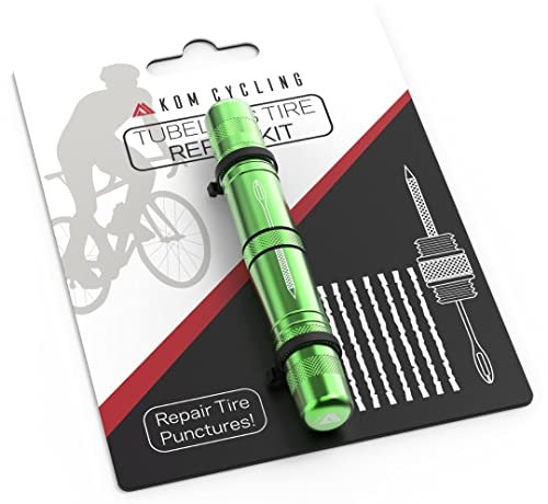 KOM Cycling Tubeless Tire Repair Kit for Bikes – 8 Colors! Fixes Mountain Bike and Road Bicycle Tire Punctures – Includes Tire Repair Fork and Reamer, 8 Bacon Strips. Tubeless Repair Made Easy (Green)