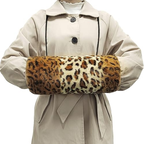 Faux Fur Hand Muff, Portable Hand Warmer Muff with Cord Pocket Warm Leopard Print Fur Hand Muff with 1 Hook for Men Women Girls