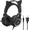 Kinder-Headsets mit abnehmbaren Katzenohren, 3,5 mm kabelgebundene Kopfhörer mit verstellbarem Mikrofon, ausziehbares, gepolstertes Kopfband, Geräuschunterdrückung und RGB-Licht-Kopfhörer(schwarz)