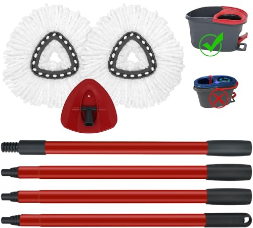 Mop Replace Heads Mop Handle and Base Replacement for O Cedar EasyWring 1-Tank Spin Mop System, 2 Microfiber Mops Refills, 4-Section Iron Mop Handle 30-58Inch and 1 Mopping Heads Cover Set (No Bucket)