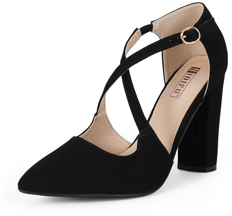 IDIFU Women's Black Nubuck Pumps, 8.5 M US, Chunky High Heels Strappy Pointed Toe Dress Shoes for Formal Occasions