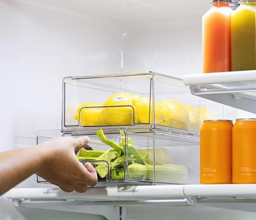 Lot de 1 | Grand tiroir de rangement pour réfrigérateur – Transparent, empilable et extractible pour l'organisateur frigo, rangement frigo, boîte rangement frigo, rangement et organisation de cuisine