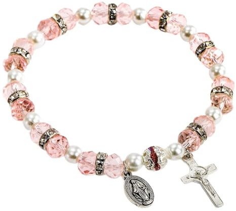 Hanaoops Bracelet Femme Croix de Baptême Bracelet avec Perles de Cristal Classique Chrétien Cadeaux de Première Communion Bracelet Sacré Bijoux Bracelet Cadeau pour Mamie Maman Sœur Amie