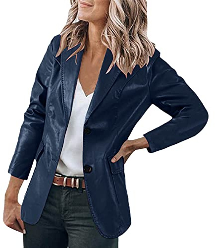 Blazer Dam sportig – PU-läder lång blazer, läderjacka, affärskontor, kavaj, konstläderjacka, lätt sommarblazer, sommarjacka, blusjacka, festlig outfit, vår, övergångsjacka, blus, marinblå, M