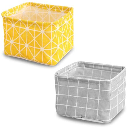 FuninCrea 2 Pieces Fabric Storage Baskets with Handles, 18*16*14cm Small Storage Box Foldable Desktop Clutter Organisation Storage Cubes for Cosmetics, Bathroom Products, Sundries