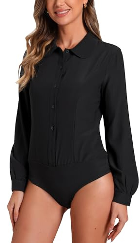 Allegra K Chemisier Body Femme Chemise de Bureau à Manches Longues et Col Claudine Haut d'Affaires Bodysuit Noir M