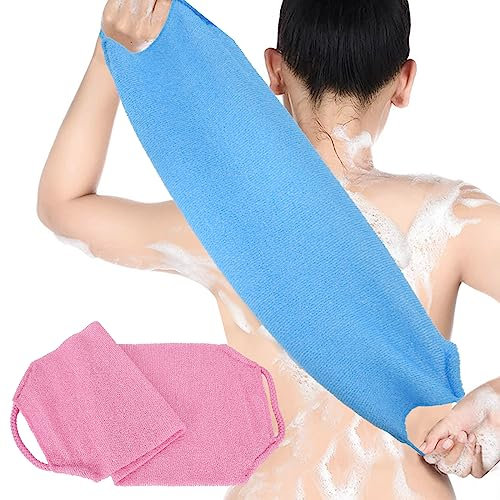Volumoon Sangle Lave Dos, Gant de Toilette Exfoliant Double Face avec Poignées, Brosse de Bain, Sangle Gommage Loofah pour Bain, Lave Dos pour Douche, pour Femmes Hommes (Rose + Bleu)