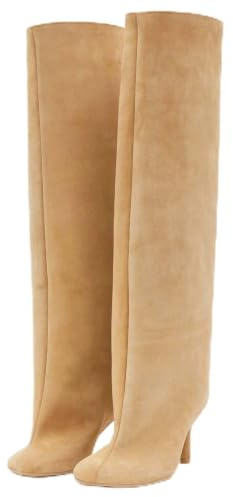UBWDU Women's Suede Knee High Boots Wide Calf Square Toe Stiletto Heels Tall Booties High Heel Long Boots Beige 8