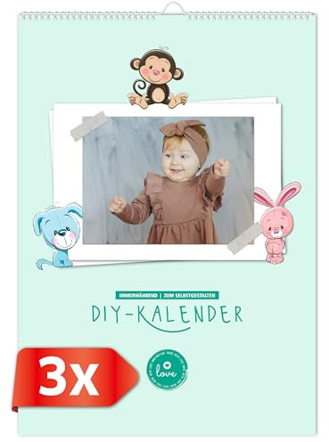 PRIMUS PRINT 3 x fotokalender årneutral för egen design – pysselkalender – klistra in bilder – A4 – personlig gåva – djurbakgrund (djurmotiv set med 3)