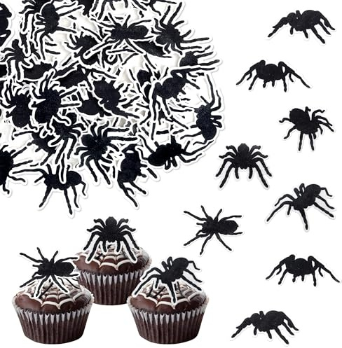 Xsstarmi 48 Pack Black Spider Edible Cupcake Toppers Rice Paper Spider Halloween Cupcake Picks for Horror Spider Halloween Theme Baby Shower Wedding Birthday Party Cake Decorations Supplies