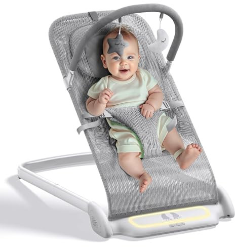 Derson Baby Bouncer, Portable Baby Bouncer Seat for Babies 0-6 Months, Infant Bouncer Chair Newborn with 8 Soothing Music, Foldable, Natural Vibrations (Gray)