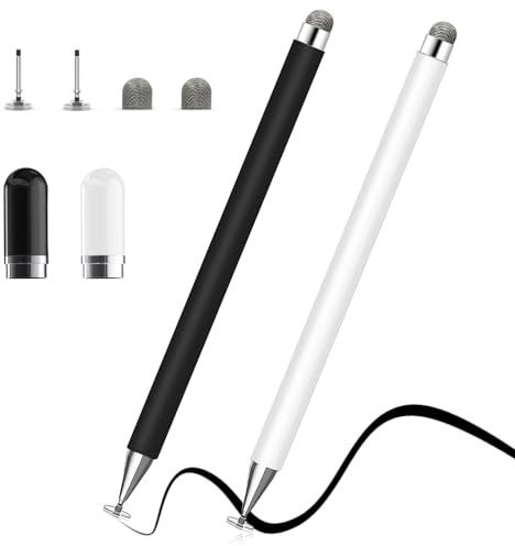 Momowin 2 i 1 pekpenna för surfplatta, surfplatta penna för surfplatta Samsung, Ipad, Apple Phone, Xiaomi Universal Tablet-penna med 2 skivhuvuden och 2 tyghuvuden (svart + vit)