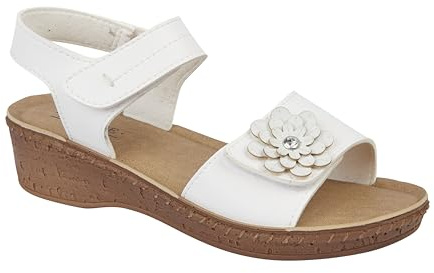 Jo & Joe Ladies Comfort Floral Detail Double Strap Touch Close Fastening Wedge Sandals (White, UK Footwear Size System, Adult, Women, Numeric, Medium, 4)