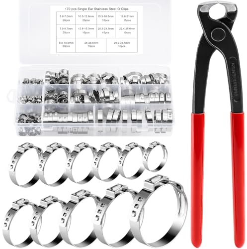B2jiu Juego de 170 abrazaderas de manguera de un solo oído, 11 tamaños (5,8 – 33,1 mm), sin niveles, de acero inoxidable 304, con pinzas de sujeción para manguera, coche, casa, jardín