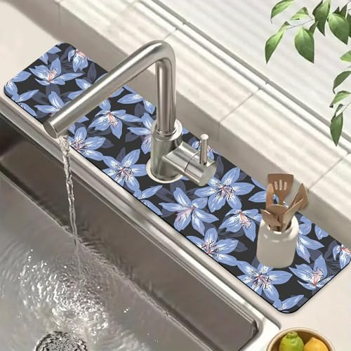 Blooming Lily Sink Splash Guard Faucet Mat Blue Lily Flowers Super Absorbent Fast Drying Mat Sink Gadgets-Splash Guard Behind Faucet Drip Catcher for Kitchen Bathroom, 23.5x5.5