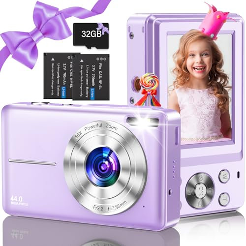 Digitalkamera, Nsoela Fotokamera Kompaktkamera mit 32GB Karte 44MP Fotoapparat 1080P HD Vlogging Kamera LCD-Bildschirm 16X Digitalzoom & 2 Batterien für Teenager,Anfänger (Lila)