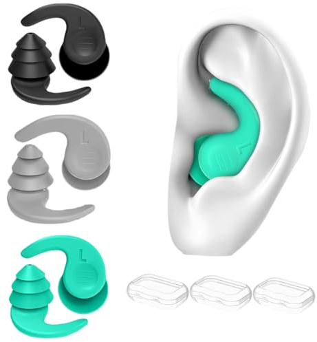 3 Pairs Swimming Ear Plugs for Adults，Silicone Waterproof Reusable Swim Earplugs for Surfing, Showering，Water Sports and Swimming Ear Plugs Adults. (Black + Green + Gray, Adults & Teens)