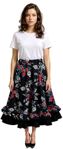 Susana Escribano Falda Flamenca de Lunares o Flores para Mujer – Ideal para Baile, Feria, romerías y actuaciones. Ropa Tradicional andaluza, Gran Vuelo. (Talla SG Flores)