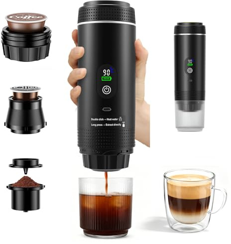 Tragbare Kaffeemaschine Akku für Reise, 3 in 1 12V Espressomaschine Kompatibel mit Nespresso Kapsel & Gemahlener Kaffee, Selbstheizend, LED-Display, Wiederaufladbar, 20Bar, für Reise Camping Auto