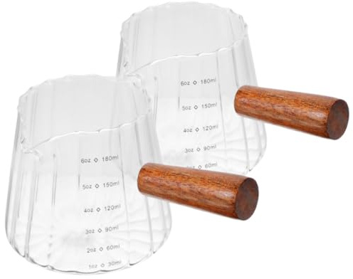 NESTINGHO Set 2 Pezzi Bricco Latte in Vetro Manico in Legno 180ml, Design Compatto Resistente alle Alte Temperature, per Cucina e Viaggio
