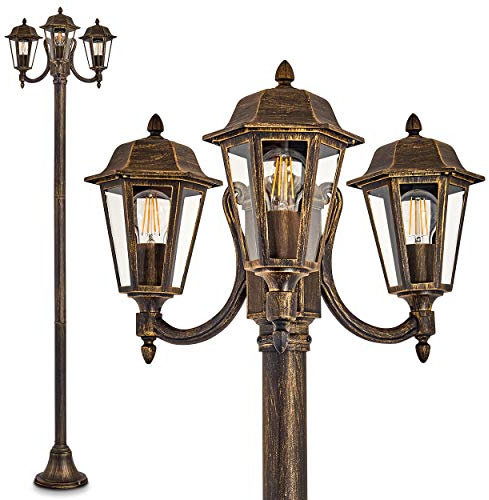 Lampada da esterno NATAL, candelabro in stile antico, fusione di alluminio in nero/oro con vetri, lampada da sentiero a 3 bracci 210 cm, lampada da giardino retrò/vintage, E27, IP44, senza lampadina/e