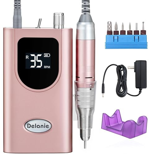 Delanie Professional Nail Drill High Torque 35000 RPM Rechargeable Portable Electric Nail File Filer for Acrylic Gel with Cuticle Bits, Salon Manicure Tool, Rose Gold