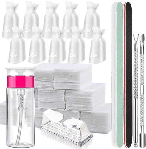 FANDAMEI Nagellackentferner Werkzeuge Set, Nagel Clips Kappen Transparent, 500 Stk. Wattepads für Gelnägel, Nagelhautschieber Edelstahl, 2 Stk. Nagelfeile, Nagelbürste, 100ML Leere Pump Spenderflasche