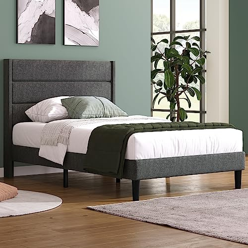 Merax Cama tapizada, 90 x 200 cm, Estructura de Cama con somier y cabecero, Cama Individual Acolchada, Funda Textil de Lino en Gris Oscuro, diseño Moderno Atemporal, Cama Juvenil