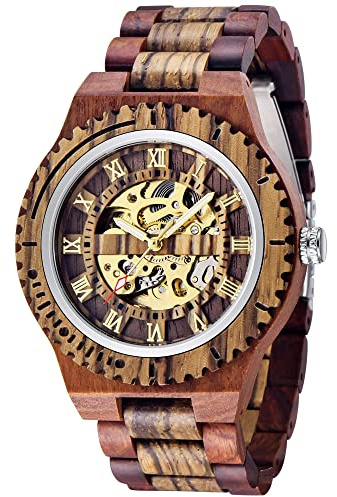 Dentily Creative Men's Wooden Watch Skeleton Automatic Movement Watch Self-Winding Watches for Men