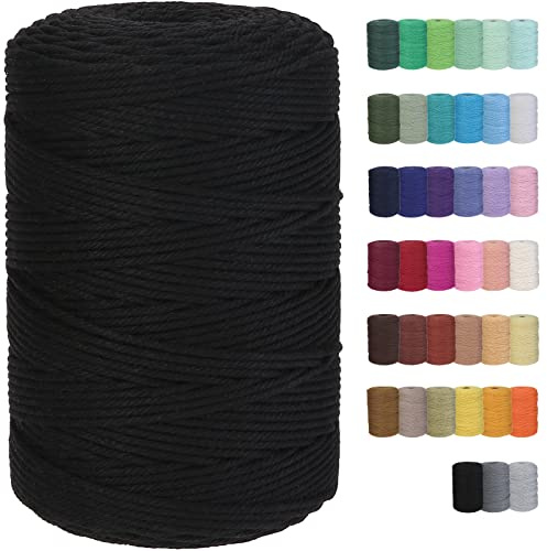 GOHOF Macrame Cord 3mm x 328yards Natural Cotton Rope - Soft Colored Cord for Plant Hanger, Wall Hanger, Dreamcatcher Craft Supplies (Black)