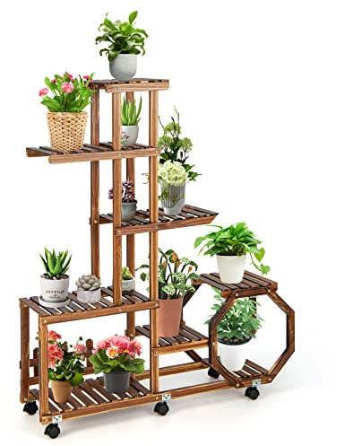 RELAX4LIFE Pflanzenständer Holz, Blumenregal auf Rollen, Blumenständer Mehrstöckig, Blumentreppe Freistehend, Pflanzentreppe für Balkon Terrasse Garten Wohnzimmer (107 x 29 x 126 cm)