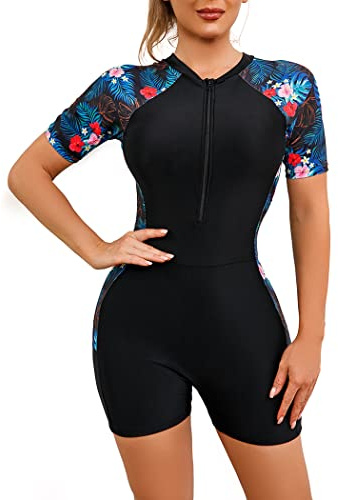 Odizli Maillot de bain avec jambes pour femme - Manches longues/courtes - Fleurs imprimées - Fermeture éclair - Style surfeur - Short - Maillot de bain, Noir #2., XXL