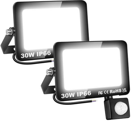 Willpower 2PCS Faro LED Esterno con Sensore di Movimento 30W 3000LM Faretto LED Bianca Fredda 6000K Proiettore LED IP66 85V-265V Luce di Sicurezza per Giardino Cortile Garage Patio Corridoio