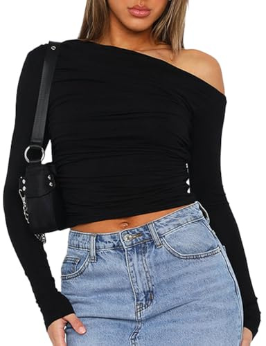 EMOTTOS Women One Shoulder Crop Tops, Sexy Y2K Ruched T-Shirt, Slim Fit Off-Shoulder Shirts, Fashion Long Sleeve Skinny Tee Shirt for Club Party, Black, M