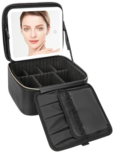 Twofold Travel Makeup Bag with LED Mirror, 3 Colors Lighting Modes Make Up Organiser, Portable Cosmetic Case with Adjustable Dividers for Makeup Artist Storage Case, Black