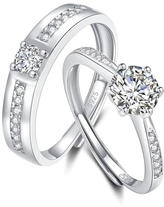 Kamise Silber Paar Ringe Set, 925 Sterling Silber Trauringe für Damen & Herren, Einstellbar Zirkonia Band Ring Verlobungsring Hochzeitsring, Weißgold Passende Eheringe Partner Ringe mit Geschenkbox