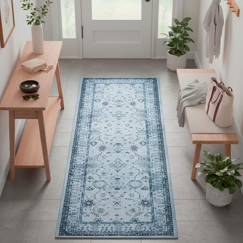TESSO LIVING Alfombra de Pasillo Kilim 80x150cm Azul Jeans Lavable Máquina Antideslizante Pelo Corto Vintage Geométrico Pasillo Salón Diseño Belga