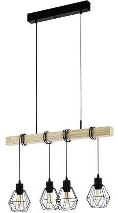 EGLO Pendellampe Townshend 5, 4 flammige Vintage Pendelleuchte im Industrial Design, Retro Hängelampe aus Stahl und Holz, Farbe Schwarz, braun, FSC zertifiziert, E27