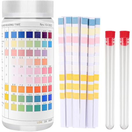 Sporgo 100 Stück 9 in 1 Aquarium Teststreifen: Streifen Aquarium Test mit Aquarium Thermometer, Wassertest Aquarium zum Testen von Eisen PH Nitrit Nitrat Gesamthärte Chlor Gesamtalkalität Karbonat