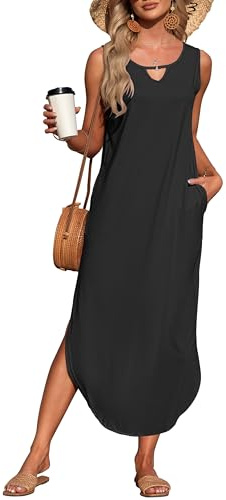 AUSELILY Womens Maxi Dress Black Halter Sleeveless Beach Sun Coverup Tank Holiday Split Dress with Pockets 2XL