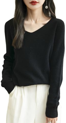 Chanyarn Women's Winter Sweater 2025 Fall Warm Soft V-Neck Long Sleeve Seamless Knit Pullover Cashmere Style 100% Merino Wool Sweater (Black,M)